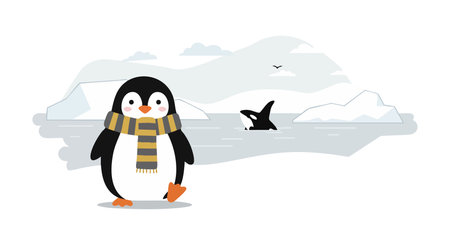 Vector illustration shows a penguin in a striped scarf on icy land with an orca whale swimming among icebergs, creating a calm scene.のイラスト素材