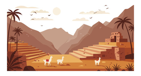 This vector illustration shows llamas grazing in a desert valley with ancient ruins and palm trees under a bright sun, creating a warm, peaceful mood.のイラスト素材