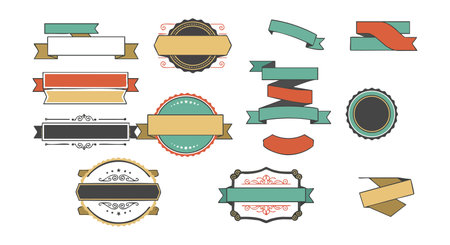 Vector collection features vintage style decorative banners, ribbons, and badges in pastel colors, arranged neatly for design use. Classic and elegant mood.のイラスト素材