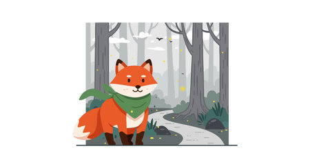 Vector illustration shows a red fox with a green scarf walking on a forest path surrounded by trees...