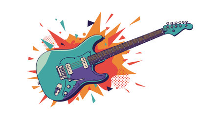 Vector illustration shows an electric guitar with vibrant colorful abstract explosion shapes behind, creating an energetic and dynamic mood.のイラスト素材