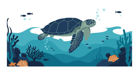 Illustration shows a sea turtle swimming underwater surrounded by coral reefs and small fish in calm blue ocean waters. Peaceful mood.のイラスト素材
