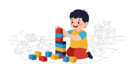 Illustration shows a happy boy stacking colorful building blocks, engaging in creative play with a bright and cheerful mood.のイラスト素材