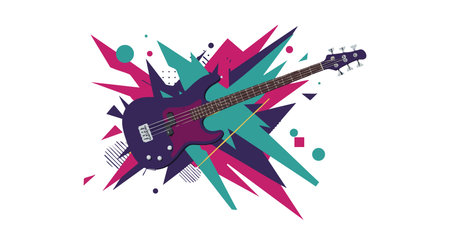 This vector illustration features an electric bass guitar with vibrant purple and teal abstract...