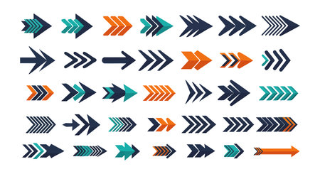 This vector illustration shows a variety of colorful stylized arrow icons with blue, orange, and...