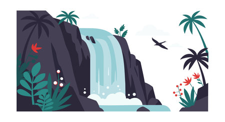 Illustration shows a tropical waterfall cascading down dark rocks surrounded by palm trees and colorful plants under a bright sky. Calm mood.のイラスト素材