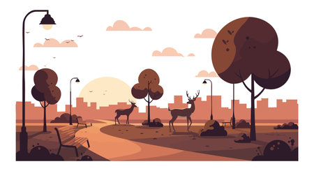 Vector illustration shows deer walking in an urban park with trees, lamps, and a city skyline at sunset in warm tones, peaceful mood.のイラスト素材
