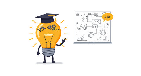 Light bulb character with graduation cap points at a business strategy whiteboard, symbolizing innovation and ideas in a creative workspace mood.のイラスト素材