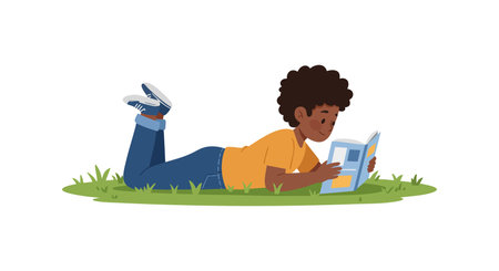 Boy lies on grass while reading a book outdoors in casual clothes, capturing a peaceful and focused moment. Calm mood.のイラスト素材