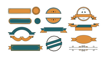 Vector set of vintage style decorative badges and labels with blue and orange ribbons and frames in flat design, featuring clean lines and elegant shapes, creative mood.のイラスト素材
