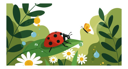 Vector illustration shows a ladybug on a green leaf near a yellow butterfly and white daisies in a natural setting, cheerful mood.のイラスト素材