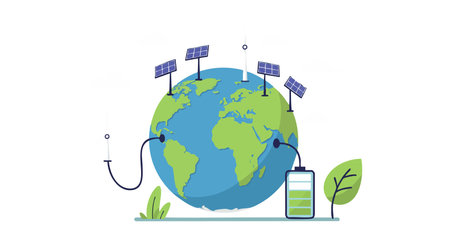 Illustration shows earth globe connected to solar panels and battery charging with green leaf symbolizing renewable energy, eco-friendly mood.のイラスト素材