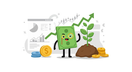 Illustration shows a green book character with a plant growing from soil alongside financial coins and charts, conveying economic growth mood.のイラスト素材