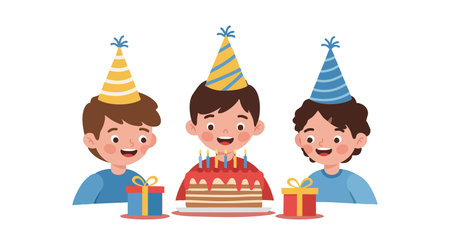 Three boys wearing colorful party hats celebrate a birthday with a cake and presents, creating a joyful and festive atmosphere. Cheerful mood.のイラスト素材