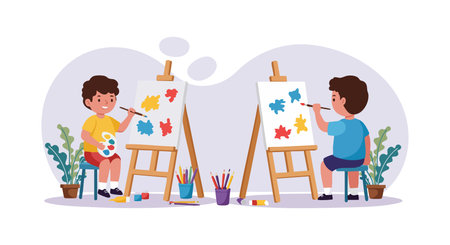 Two children sit on stools painting colorful pictures on easels with plants nearby in a creative art session. Calm and focused mood.のイラスト素材