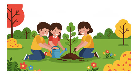 Children are planting a young tree outdoors in a colorful autumn park with bright foliage, green grass, and flowers, creating a cheerful mood.のイラスト素材