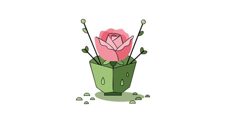 Vector illustration shows a pink rose blooming in a green pot with water drops, conveying freshness and natural beauty, peaceful mood.のイラスト素材