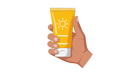 Illustration shows a hand with natural skin tone holding a yellow sunscreen tube with a sun icon, emphasizing sun protection, bright and clear mood.のイラスト素材