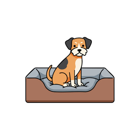 Illustration shows a small dog sitting comfortably in a brown and gray pet bed with simple lines and soft colors, creating a calm mood.のイラスト素材