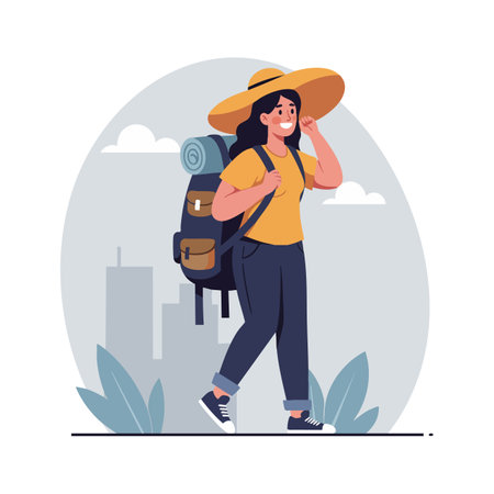 Woman with a large backpack and sun hat hiking through an urban area with buildings and plants, illustrating outdoor activity and adventure. Cheerful mood.のイラスト素材