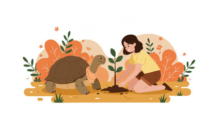 Child plants a tree next to a turtle amid autumn leaves and plants, depicting care for nature in a calm, warm scene.のイラスト素材