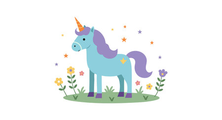 Illustration shows a blue unicorn with purple mane and tail standing on grass surrounded by colorful flowers and stars, creating a magical, calm mood.のイラスト素材