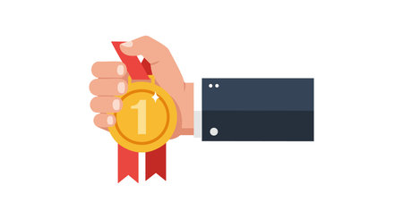 Illustration shows a hand in a dark suit holding a gold medal with a red ribbon, symbolizing victory and achievement, confident mood.のイラスト素材