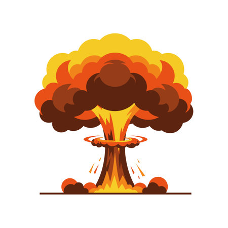 This vector illustration depicts a nuclear explosion mushroom cloud with vibrant orange and brown...