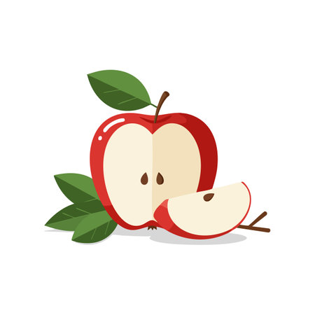 Vector illustration shows red apple sliced in half with green leaves, emphasizing freshness and healthy eating mood.のイラスト素材