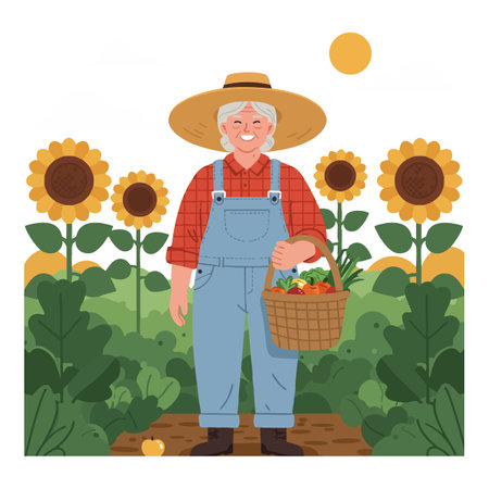 An elderly woman farmer stands in a sunflower field holding a basket of fresh vegetables under the sun in a cheerful mood.のイラスト素材