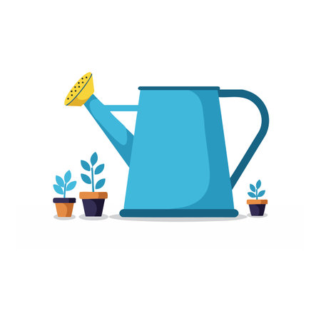 Blue watering can water three small potted plants, symbolizing growth and care in gardening. Calm and peaceful mood.のイラスト素材