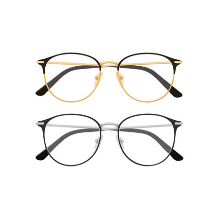 This vector shows two pairs of round eyeglasses with gold and black frames in a clean, minimalist style. The image is clear and stylish. Calm.のイラスト素材