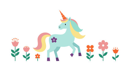 This vector illustration features a cute unicorn with a colorful mane and horn standing among various flowers in a playful scene. Cheerful mood.のイラスト素材
