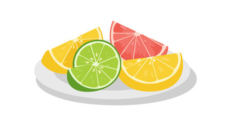 Plate with citrus fruit slices including lemon, lime, and grapefruit displayed in bright colors on a white background. Fresh and vibrant mood.のイラスト素材