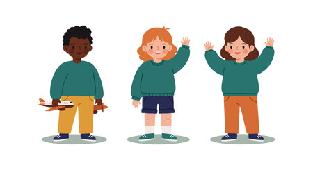 Illustration shows three diverse children standing, one holding an airplane, all wearing casual clothes, waving happily in a friendly scene. Cheerful mood.のイラスト素材