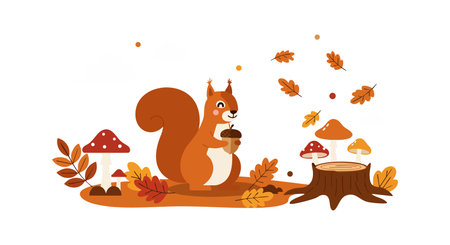 Vector illustration shows red squirrel holding an acorn among falling orange autumn leaves and colorful mushrooms, creating a cozy seasonal scene. Warm mood.のイラスト素材
