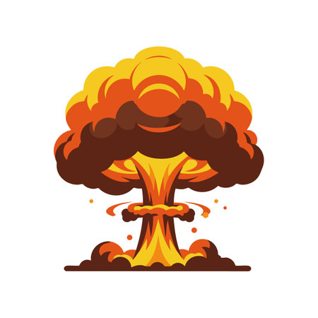 Vector illustration shows a nuclear explosion with a mushroom cloud in orange and brown hues,...