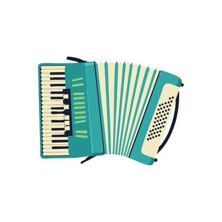 Vector illustration of a turquoise and cream accordion musical instrument with keyboard and buttons, showing detailed bellows in a simple style. Calm.のイラスト素材