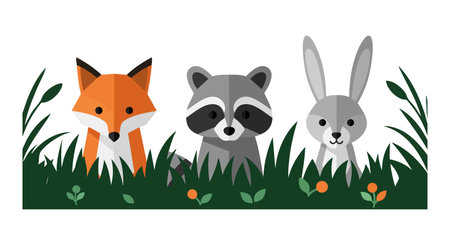 Fox, raccoon, and rabbit peek through green grass with orange flowers in a flat vector style, creating a playful and friendly mood.のイラスト素材