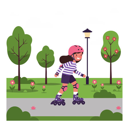 Girl wearing pink helmet and protective gear roller skating on path in green park with trees and flowers in daylight, cheerful mood.のイラスト素材