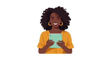 Illustration shows a woman with curly hair smiling while holding a tablet, wearing a casual yellow outfit, conveying a positive mood.のイラスト素材