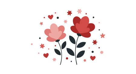 Vector illustration shows two flowers with red and pink hearts and stars around, creating a romantic and cheerful atmosphere. Bright mood.のイラスト素材