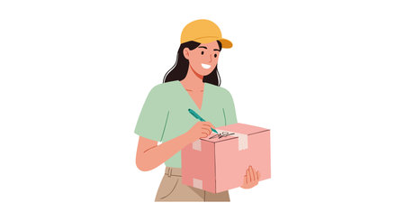 Illustration of a woman in a yellow cap holding a pink box and smiling, representing delivery or shipping service, cheerful mood.のイラスト素材