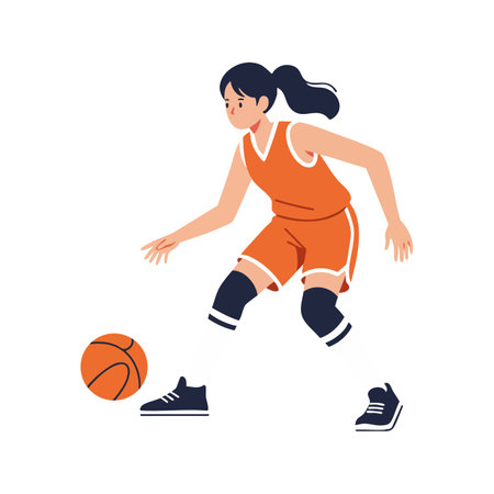 Illustration shows a female basketball player dribbling an orange ball wearing orange sportswear and black knee pads, creating a dynamic sporty mood.のイラスト素材