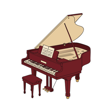 Illustration depicts a grand piano with matching stool and open sheet music, rendered in brown and beige tones. Classic and elegant.のイラスト素材