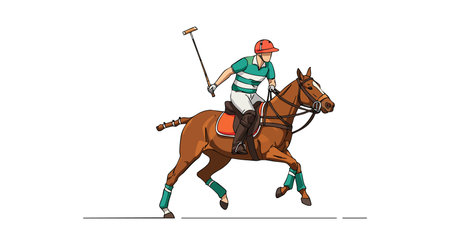 Polo player in action riding a brown horse while hitting the ball with a mallet in a dynamic sports scene. Energetic and competitive mood.のイラスト素材