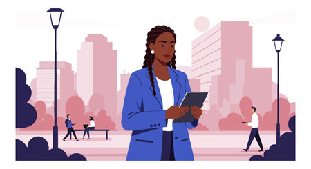 Businesswoman in blue jacket uses digital tablet in a city park with buildings and people walking nearby, creating a focused and professional mood.のイラスト素材
