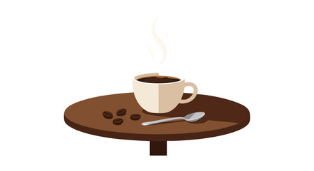 Illustration shows steaming hot coffee cup, spoon, and scattered coffee beans on round wooden table with warm atmosphere. Calm mood.のイラスト素材