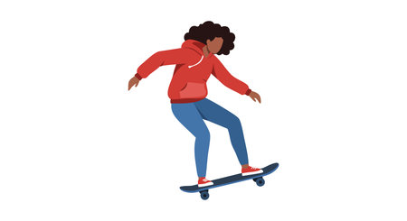 Illustration shows a skateboarder wearing a red hoodie and blue jeans performing a trick on a skateboard in motion. Energetic and dynamic.のイラスト素材