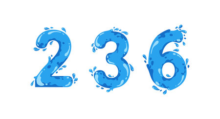 Vector illustration shows blue water splash forming numbers two, three, and six with dynamic liquid motion and splash droplets, energetic mood.のイラスト素材